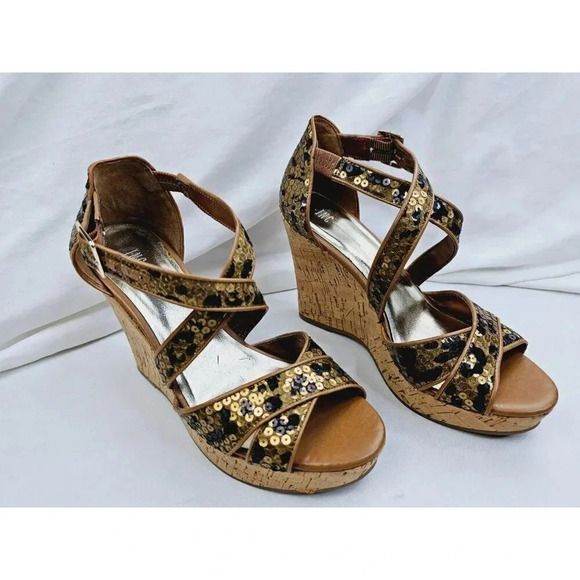 INC Size 9M Women Leopard Sequin "Dianara" Cork Wedge Cross Strap Peep Toe Heels - Picture 10 of 14